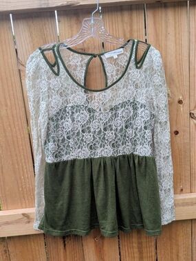 Ina Vintage Olive Green and Cream Lace Peplum Long Sleeve Top